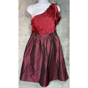 Kay Unger Silk Red One Shoulder Fairy Midi Dress S 8 Empire Waist Flared Dainty